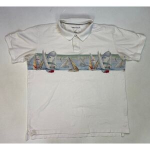 Nautica Polo Shirt Men Medium White Sailing Boat Graphic Short Sleeve